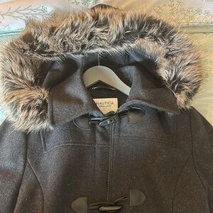 Nautica Dark Gray Wool Coat fully lined with Toggle Buttons and side pockets.